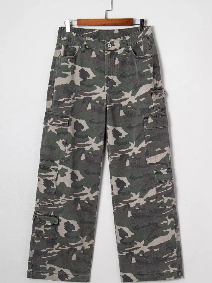 Camouflage Wide Leg Pockets Denim Pants