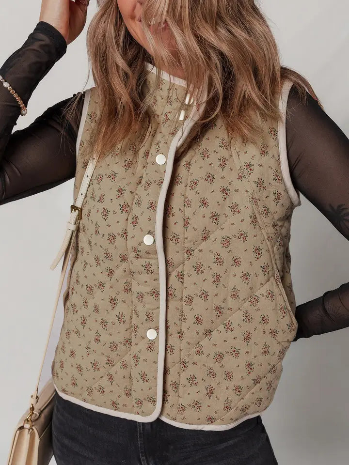 Floral Quilted Button Front Vest