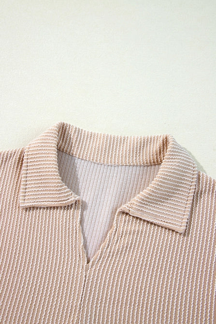Corded Turn-Down V Neck Bubble Sleeve Babydoll Blouse