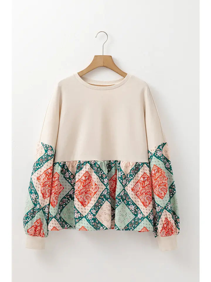 Paisley Geometric Patchwork Long Sleeve Top
