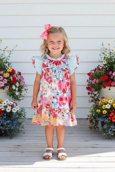 Floral Printed Smocking Girls Dress