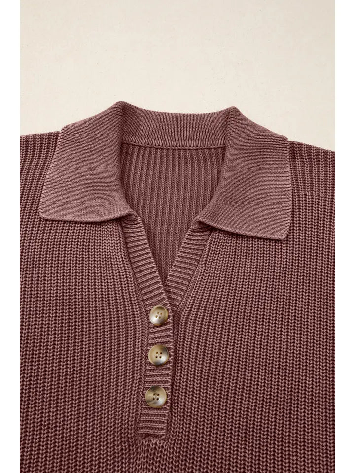 Mineral Wash Buttoned Polo Collar Knit Sweater