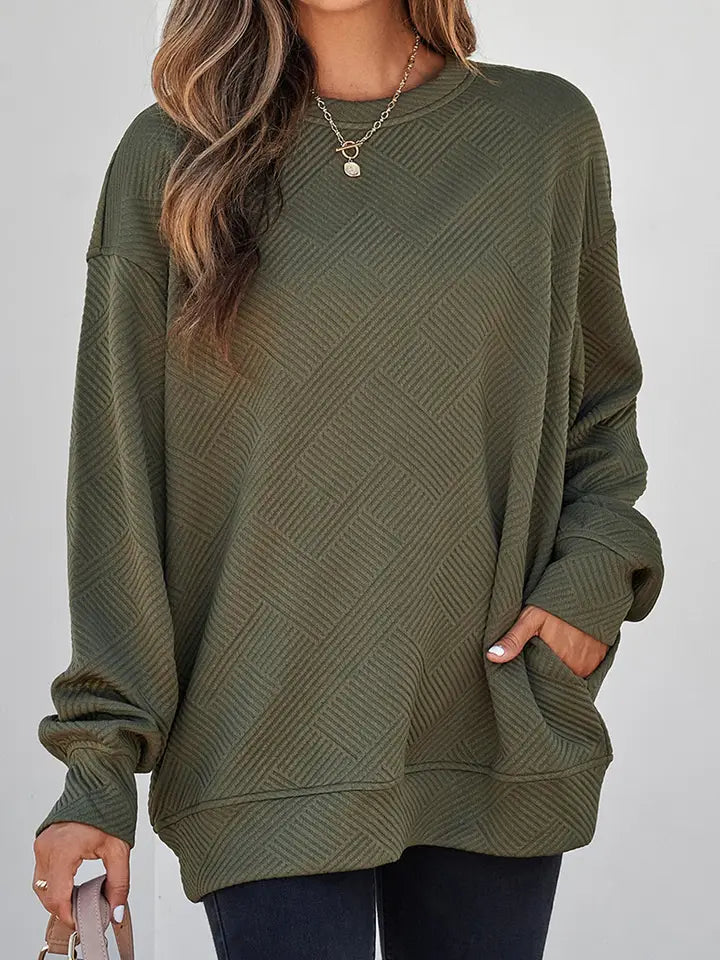 Jungle Green Solid Color Textured Round Neck Drop Shoulder Pullover Sweatshirt