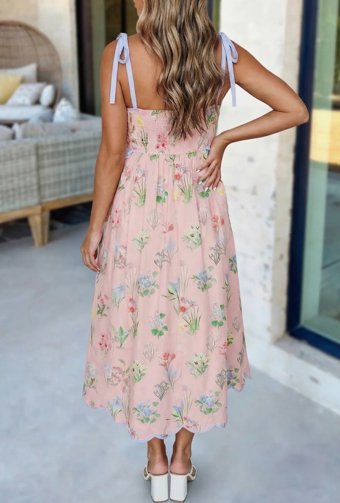 Floral Print Tied Straps High Waist Midi Dress
