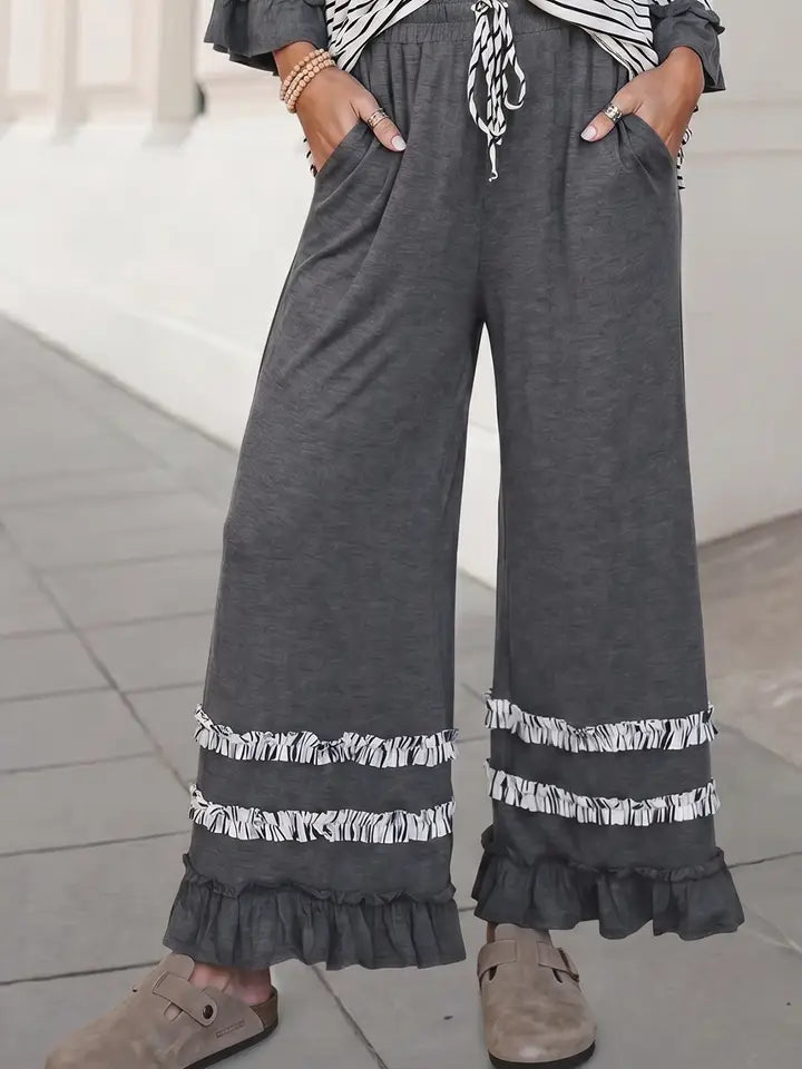 Striped V Neck Ruffle Contrast Sleeve Pants 2pcs Set