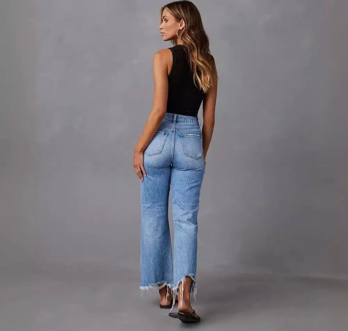 High-Waisted Distressed Denim Wide Leg Pants