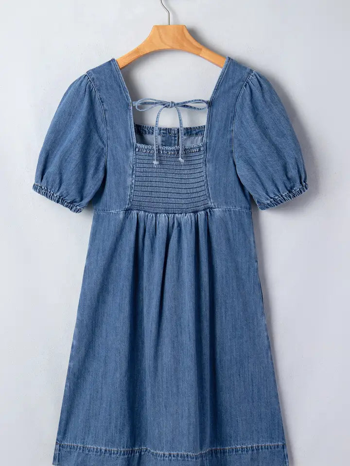 Denim Square Neck Puff Sleeve Mini Dress