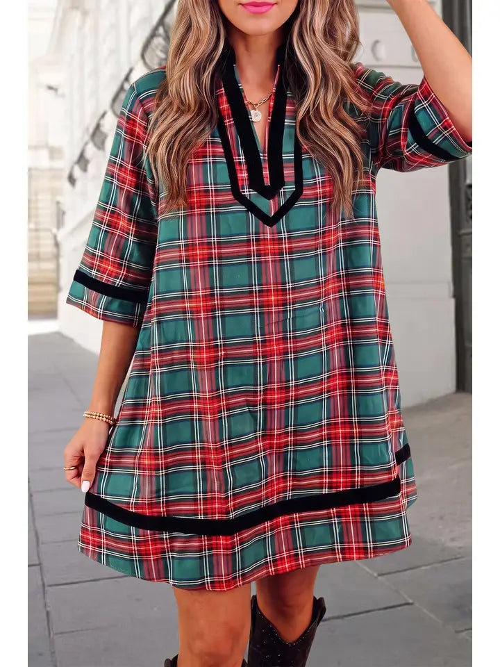 Christmas Plaid Print Velvet Trim Pockets Dress