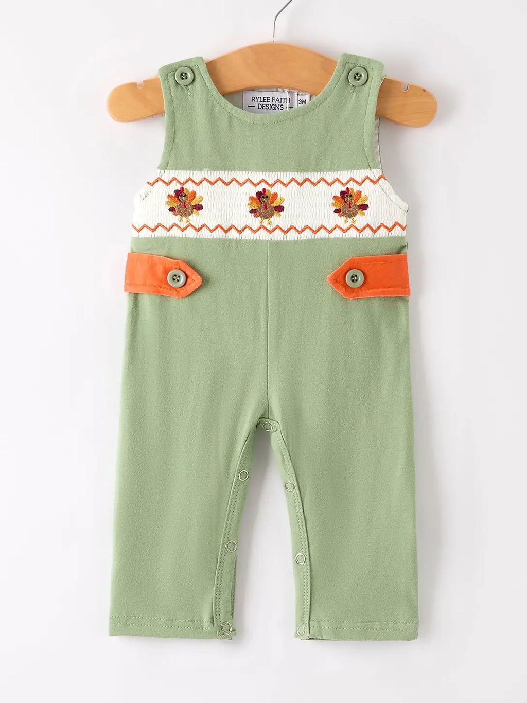 Fall Thanksgiving Bird Smock Embroidered Green Boys Romper