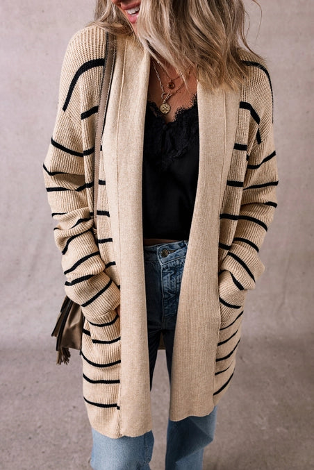 Stripe Shawl Open Cardigan with Pockets