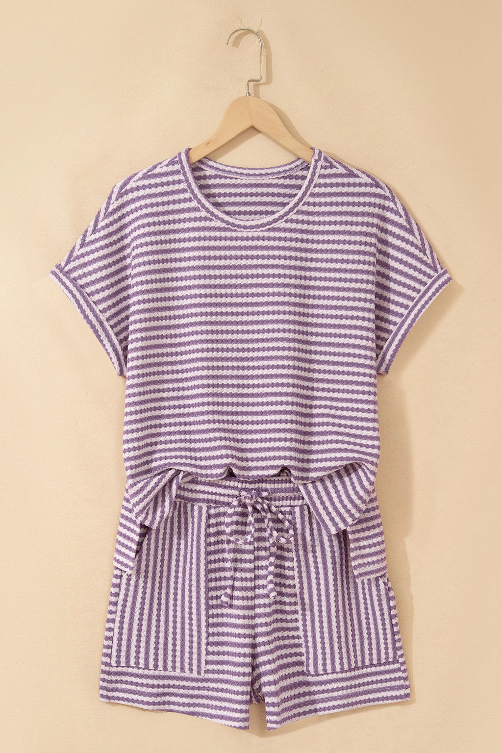 Purple Stripe Breathable Textured Knit Short Set