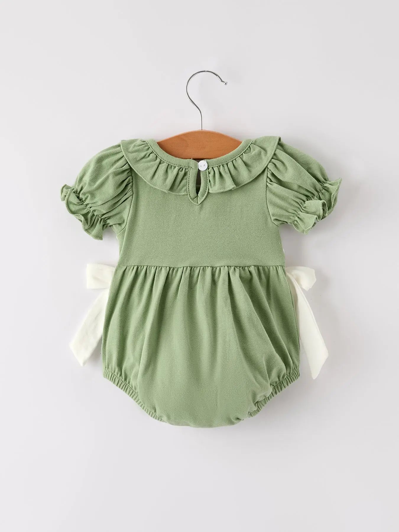 Fall Thanksgiving Bird Smock Embroidered Green Baby Girl Romper
