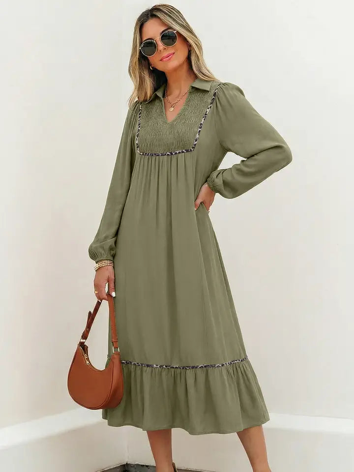 Leopard Trim Smocked V-Neck Midi Dress