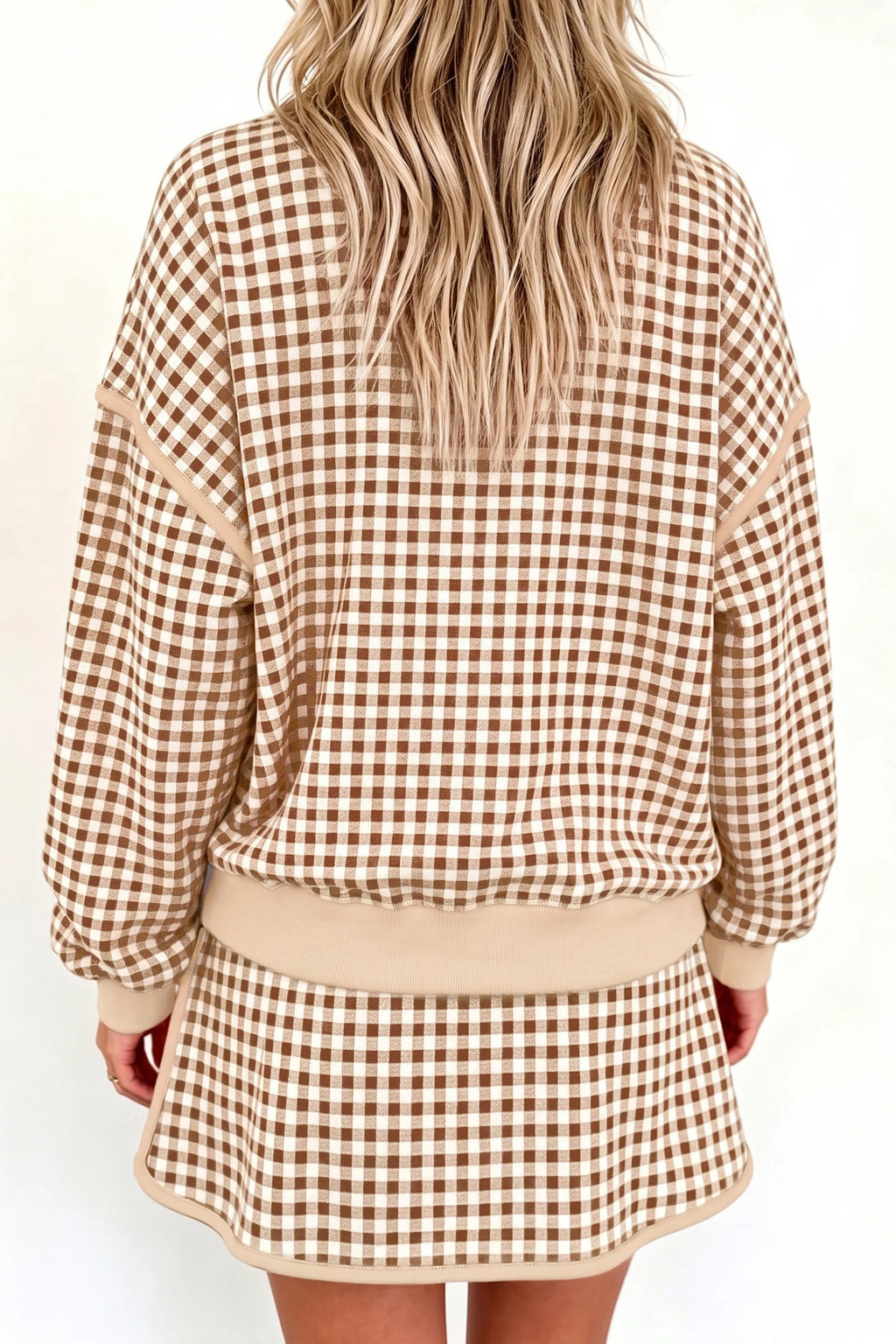 Brown Gingham Oversized Ribbed Trim Crew Neck Long Sleeve Top and Skort Set