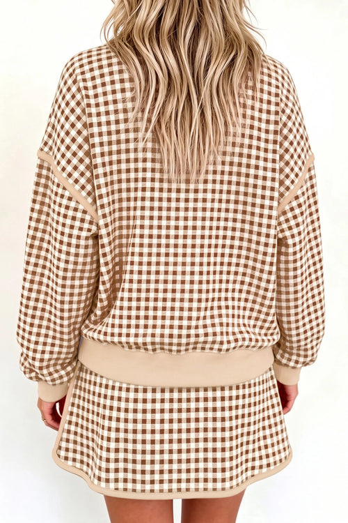 Brown Gingham Oversized Ribbed Trim Crew Neck Long Sleeve Top and Skort Set