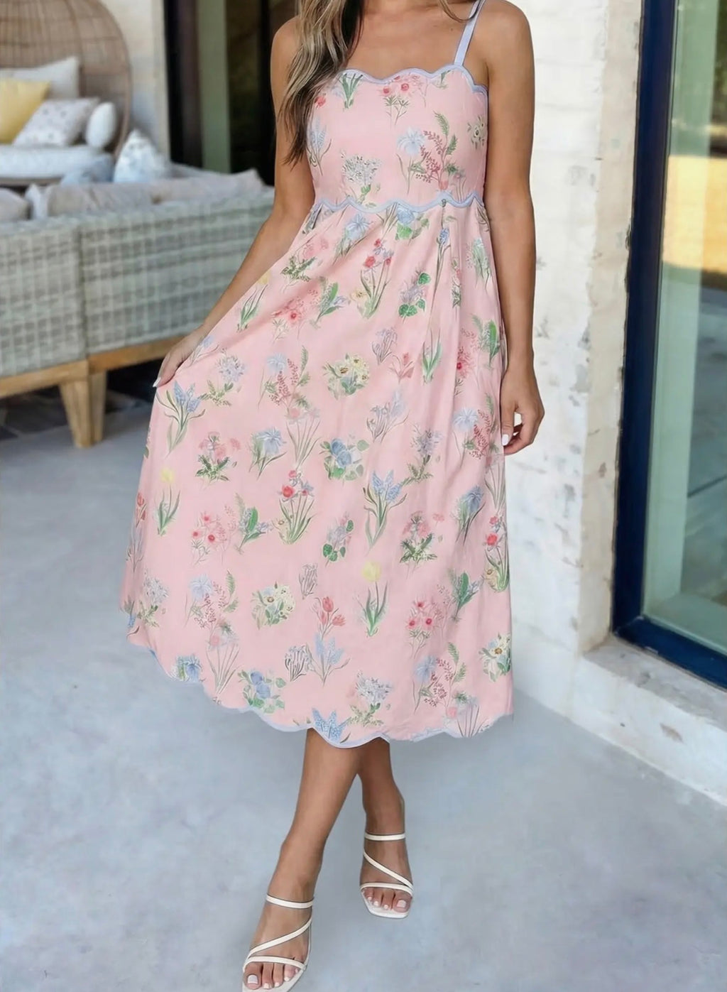 Floral Print Tied Straps High Waist Midi Dress