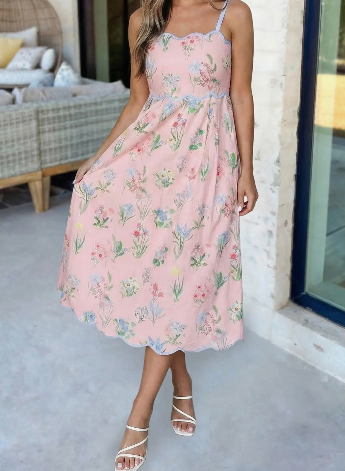 Floral Print Tied Straps High Waist Midi Dress