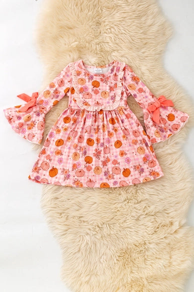 Pumpkin Printed On Pink Dress w/ Bell Sleeves