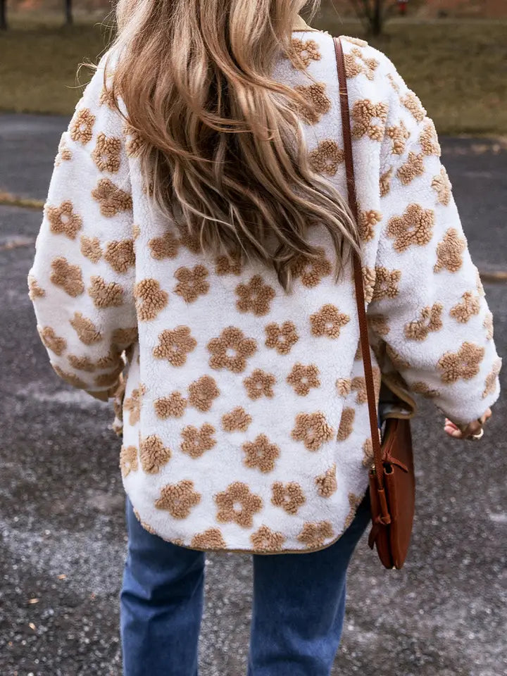 Light French Beige Cute Flower Pattern Button Up Fleece Jacket