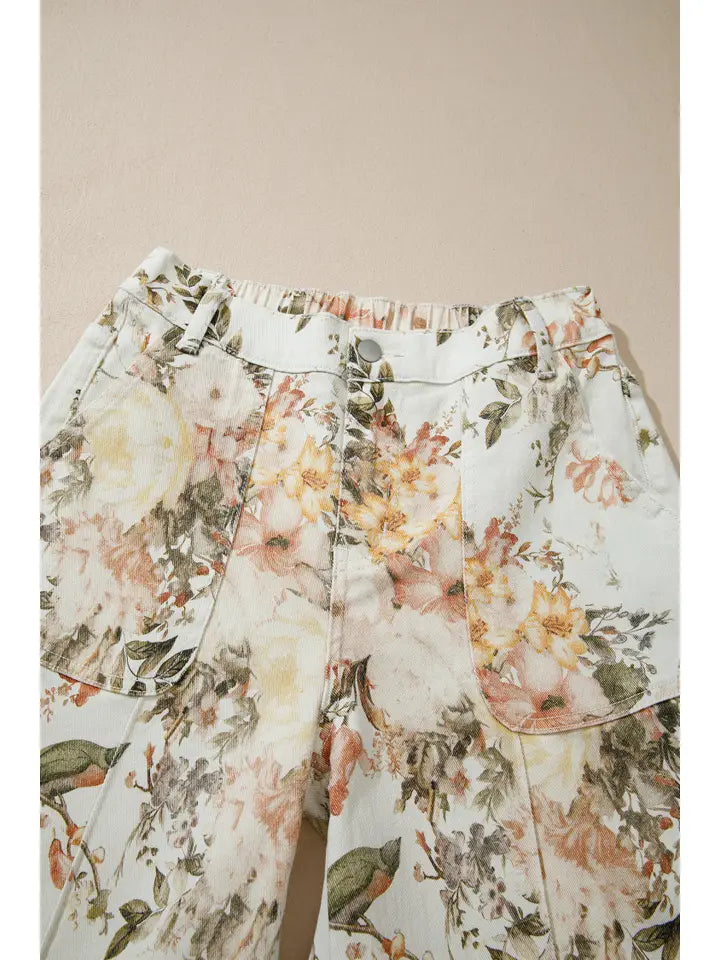 Beige Vintage Style Floral Print High Waist Wide Leg Jeans