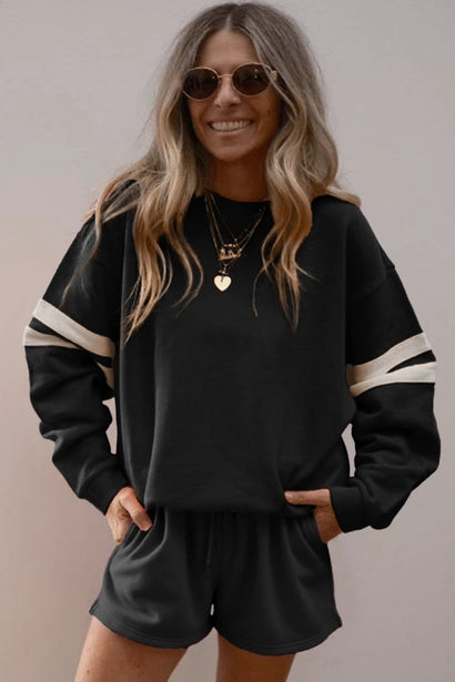 Varsity Striped Sleeve Drop Shoulder Sweatshirt Short Set