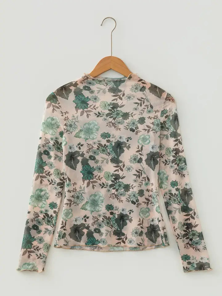 Floral Mock Neck Long Sleeve Mesh Top