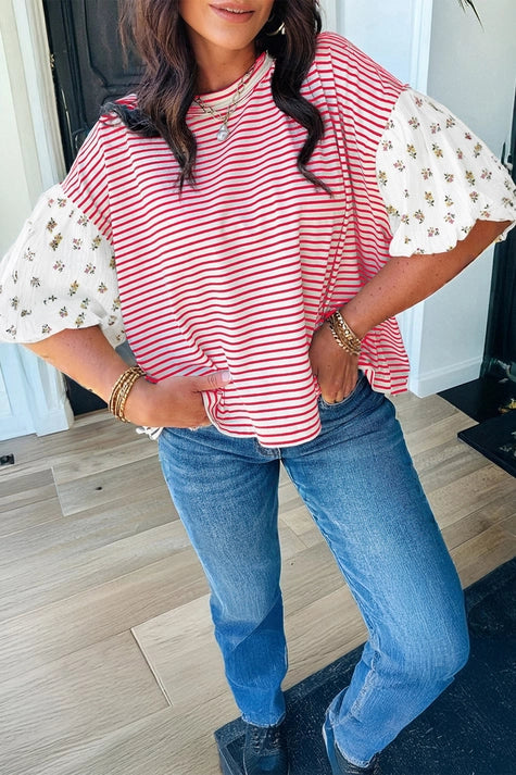 Stripe Floral Puff Sleeve Patchwork Round Neck Top