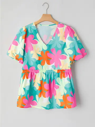 Gabie | Floral Print Bubble Sleeve V Neck Peplum Blouse