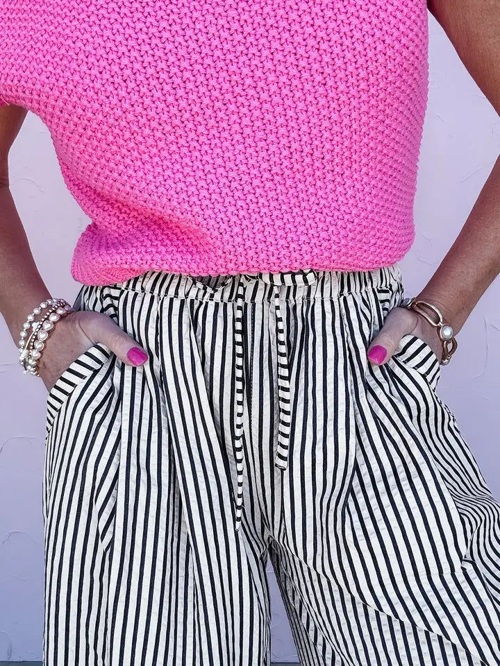 Black Stripe Plus Size Tie Waist Loose Pants