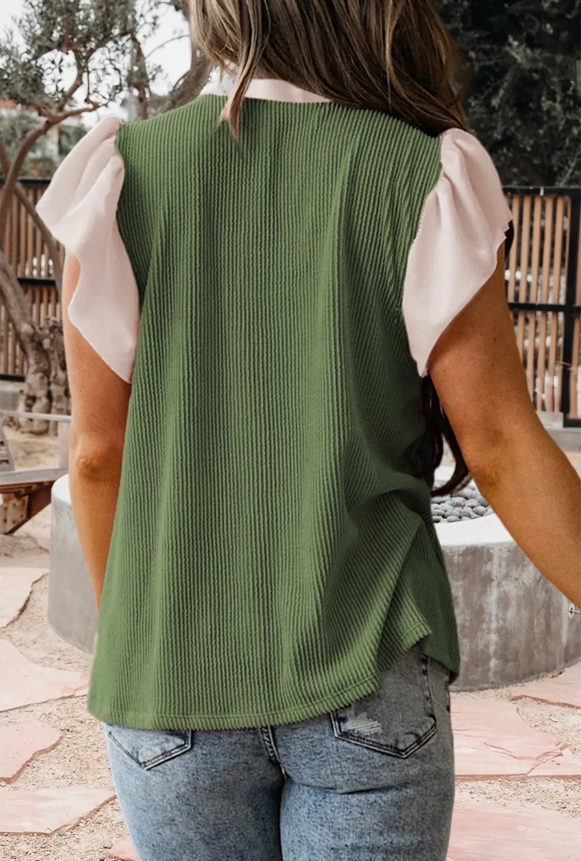Plus Size Contrast Frilled Neckline Ribbed Textured Blouse