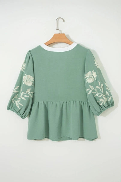 Floral Embroidered Colorblock Puff Sleeve Blouse