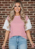 Stripe Floral Puff Sleeve Patchwork Round Neck Top