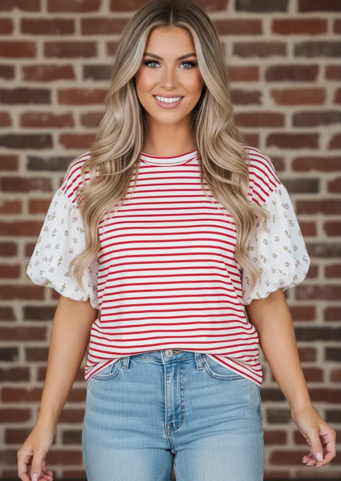 Stripe Floral Puff Sleeve Patchwork Round Neck Top