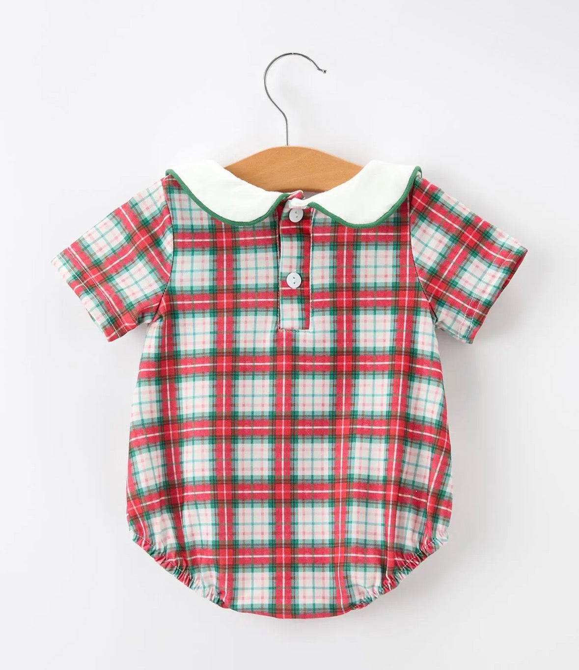 Christmas Tree Plaid Boys Romper Peter Pan Collar Smocked