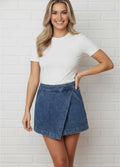 Solid Denim Faux Wrap Mini Skort