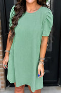 Corded Knit Crew Neck Puff Sleeve Shift Mini Dress