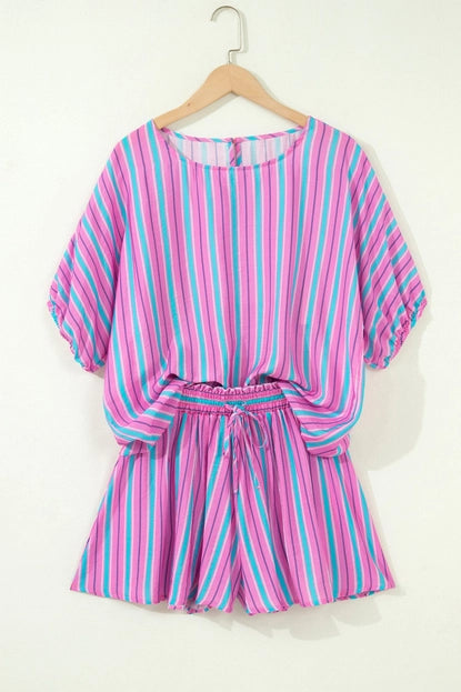 Pink Stripe Puff Sleeve Two Piece Shorts Set