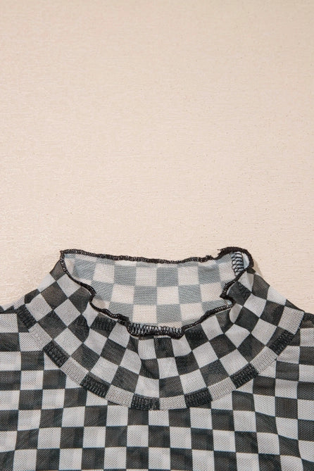 Plaid Stand Neck Long Sleeve Mesh Layering Top