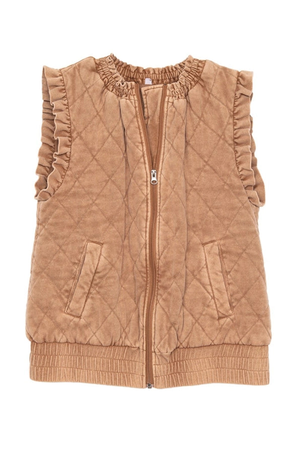 Garment Washed Quilted Ruffle Sleeve Vests