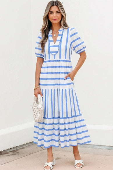 Stripe Ricrac Trim V Neck Half Sleeve Maxi Dress