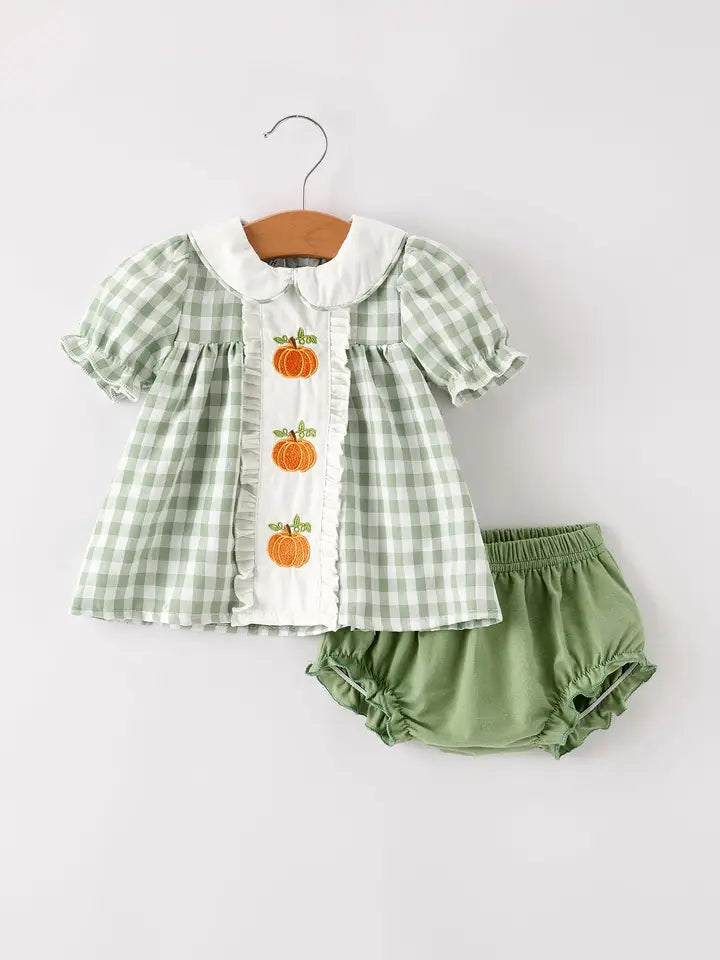Fall Applique Plaid Girls Bloomers Romper Set