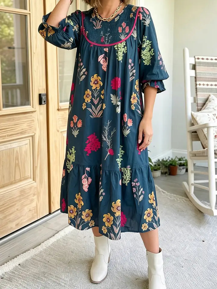 Floral Smocked 3/4 Sleeve Midi Dress