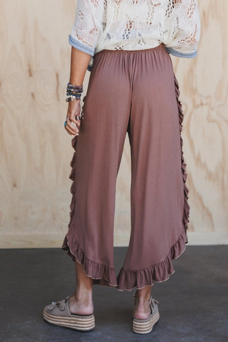 Saturdays Ruffle Wide Leg Pants - Dark Mocha
