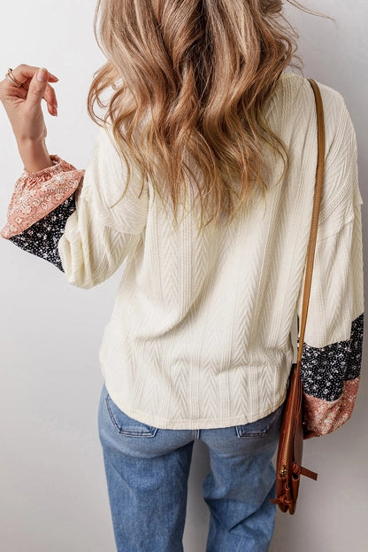 Floral Patchwork Textured Knit Drawstring V-Neck Blouse