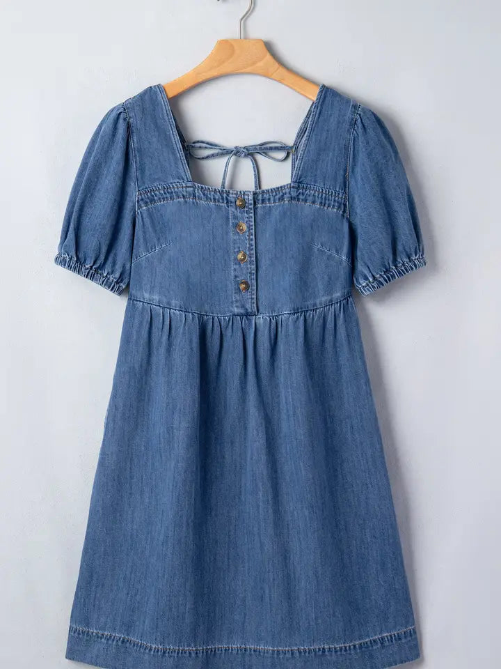 Denim Square Neck Puff Sleeve Mini Dress