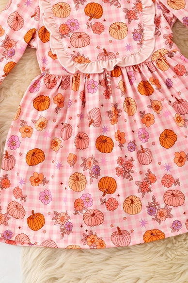 Pumpkin Printed On Pink Dress w/ Bell Sleeves