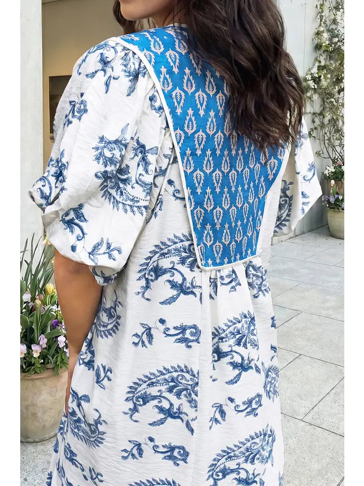Boho Abstract Print Contrast Trim V Neck Dress