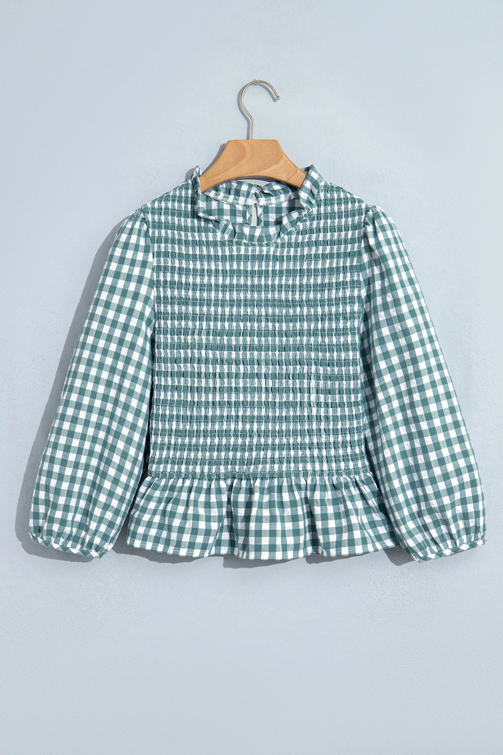 Green 3/4 Sleeve Shirred Plaid Peplum Top