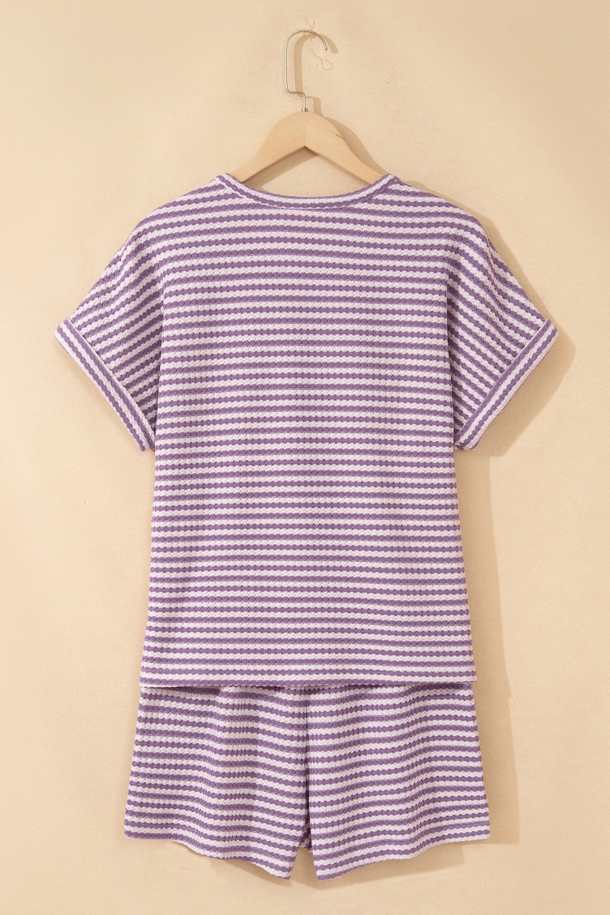 Purple Stripe Breathable Textured Knit Short Set