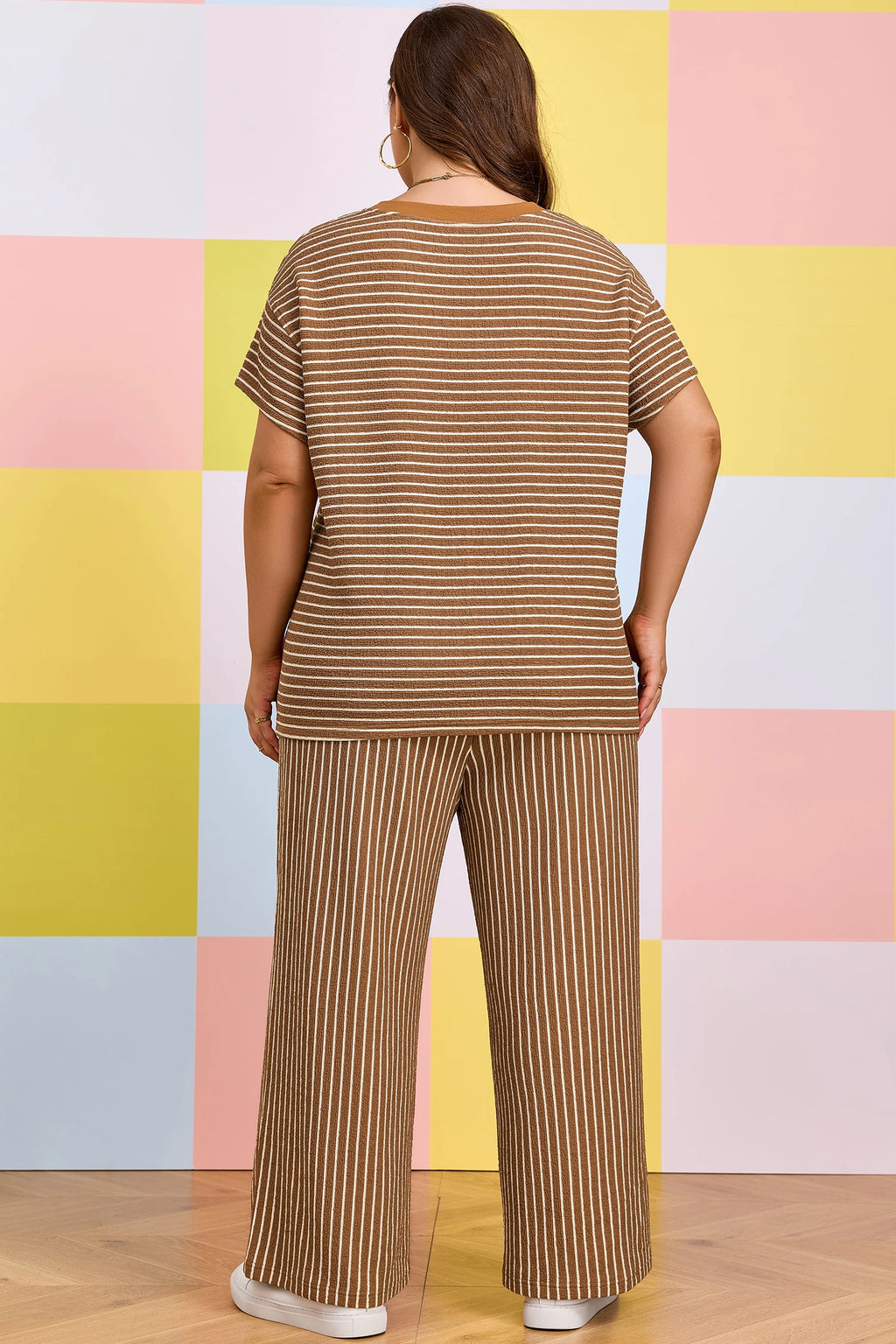 Khaki Stripe Crew Neck Tee Drawstring Waist Cropped Pants Set